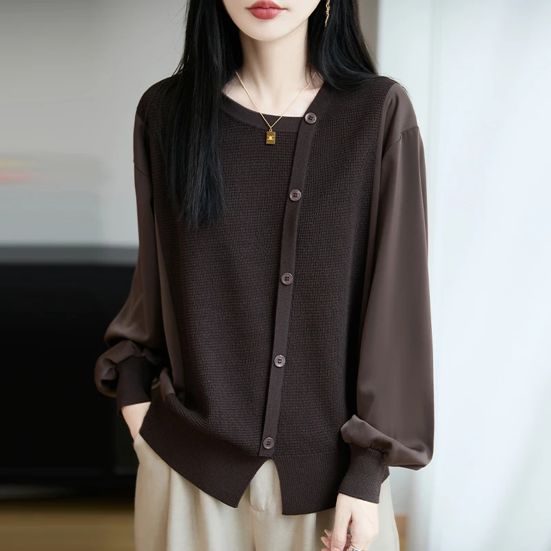 别致设计感上衣女春秋洋气拼接针织衫宽松显瘦遮肉薄款时尚打底衫