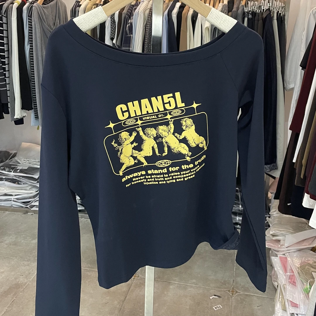 LMM 3057 早秋新款时尚一字领长袖卡通字母印花T恤女韩版百搭上衣