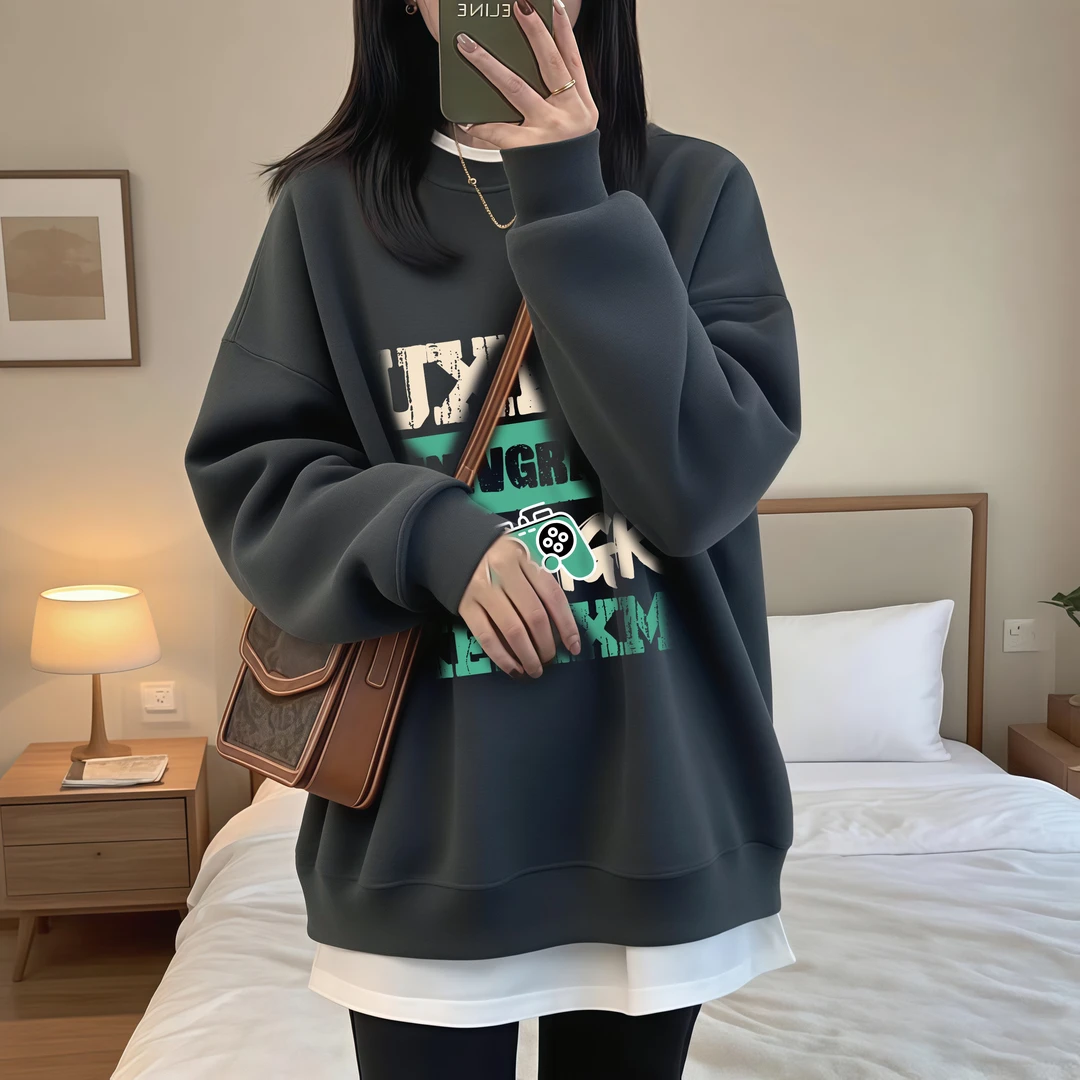 深灰色字母印花圆领卫衣外套女春秋季新款宽松遮臀休闲百搭上衣服