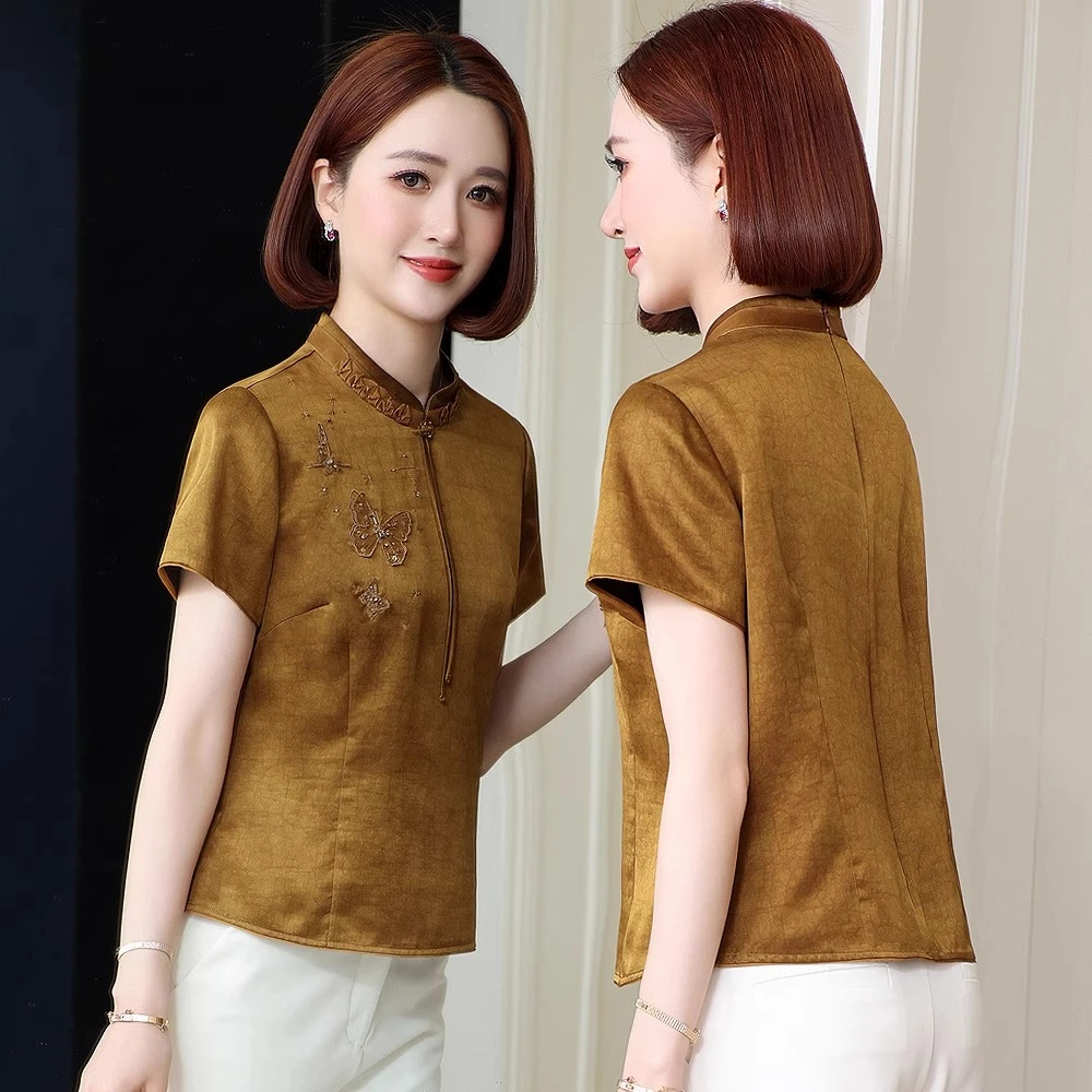 正宗桑蚕丝2025夏装新款短袖中式小个子妈妈修身洋气中式妈妈装