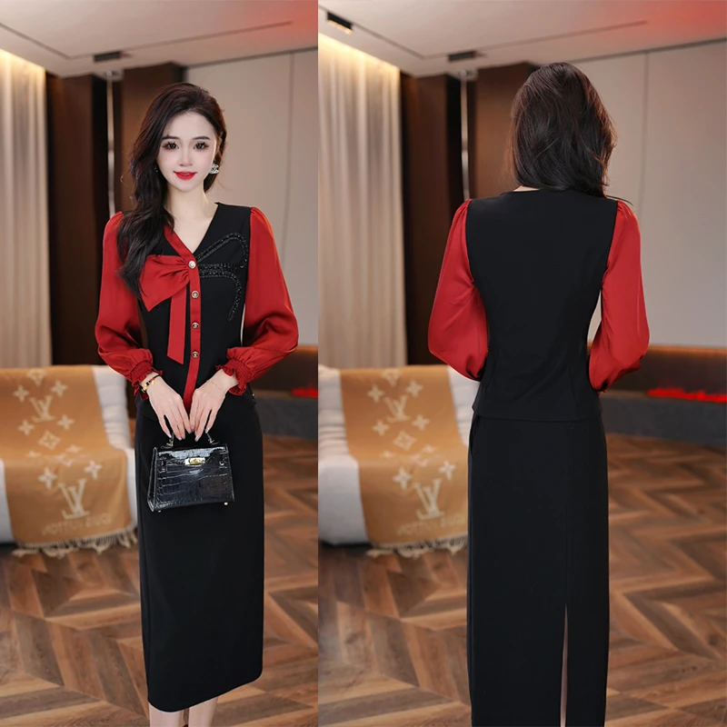 2025年红人上新温柔贤惠蝴蝶结连衣裙冬收腰加厚轻奢长袖打底裙