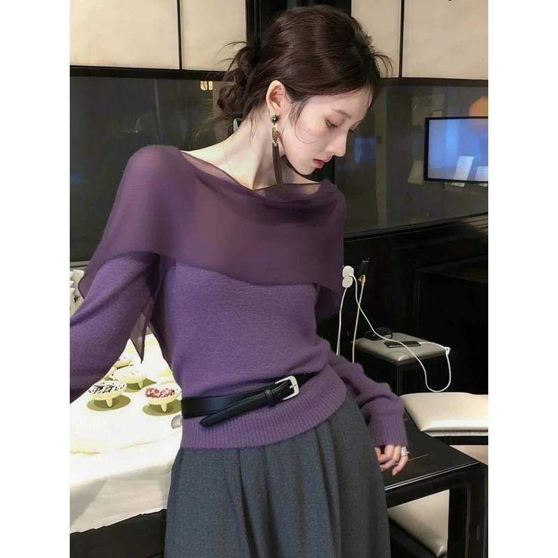 设计感紫色飘带长袖针织衫女2025秋季新款小众不撞款洋气减龄上衣