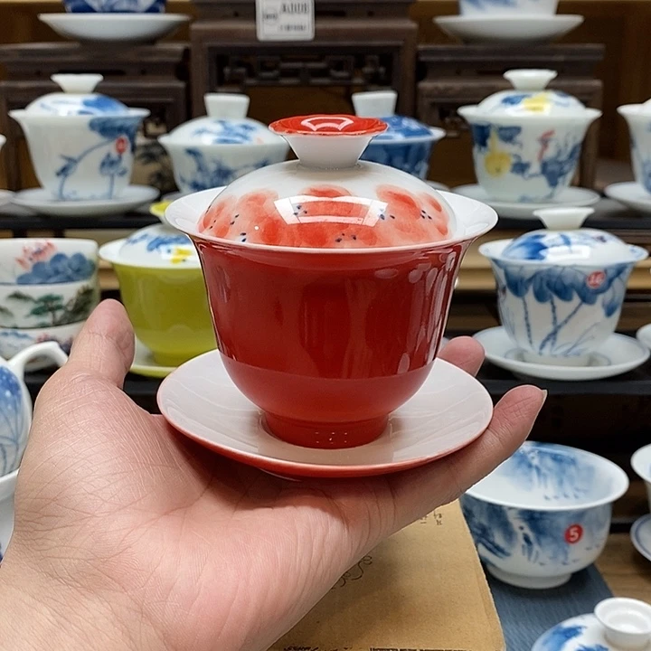 手绘龙船花盖碗160cc釉下彩微瑕福利款