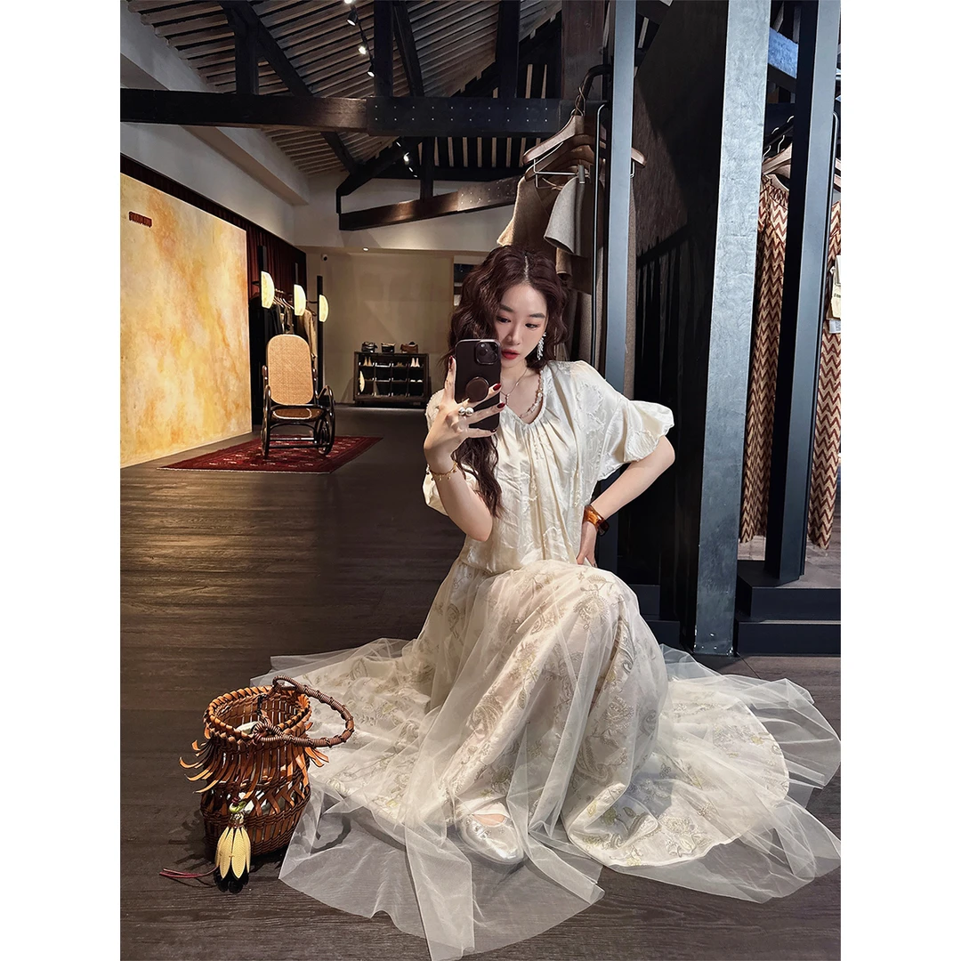 三吉黑花【采桑子】新中式国风连衣裙子女夏2025新款剪花长裙