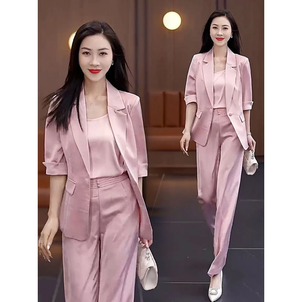 【拍一发三】轻奢高级感冰丝西装套装女2025夏垂感国风职业三件套