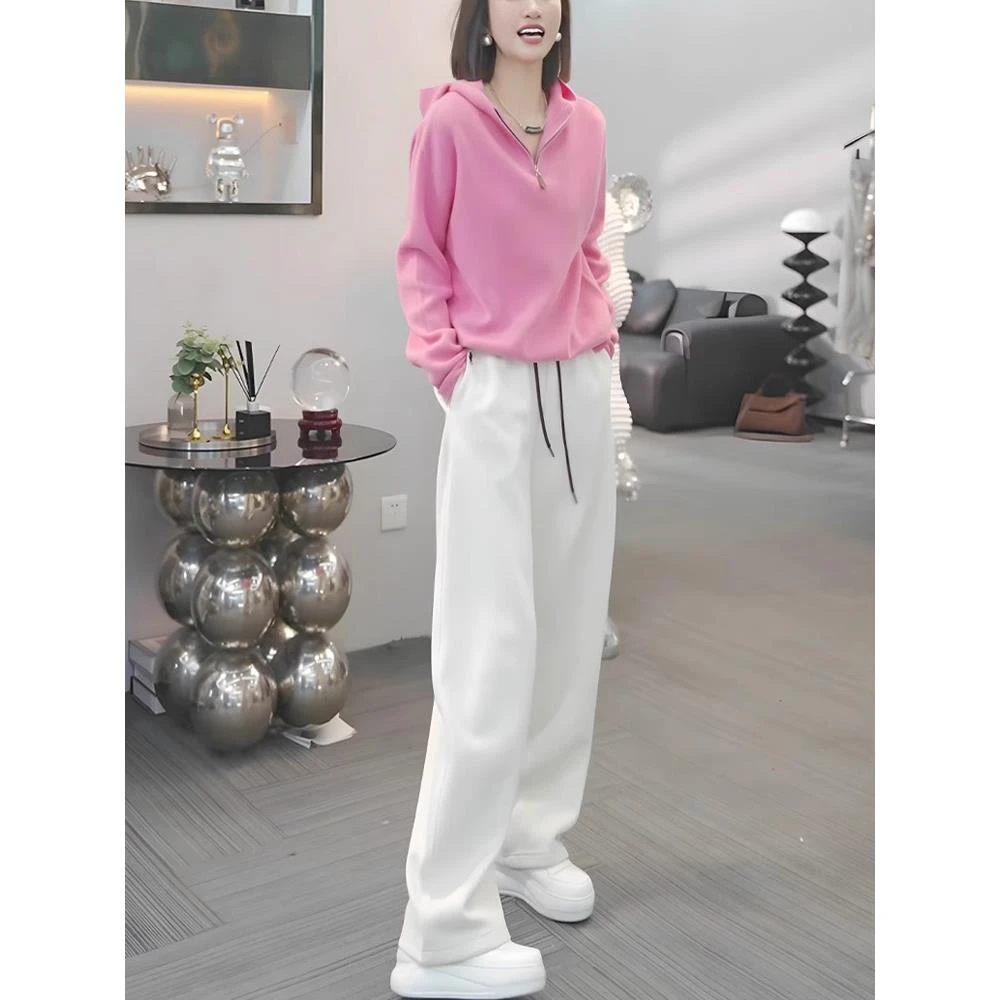 韩版休闲运动套装女春季慵懒风减龄显瘦粉色连帽卫衣阔腿裤两件套