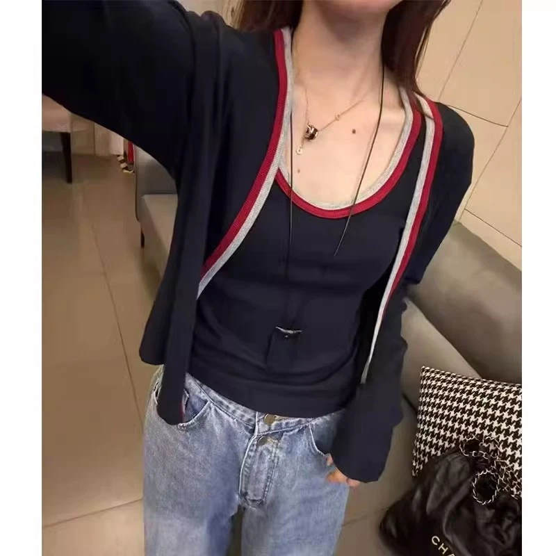 【品质正版】撞色吊带背心开衫两件套2025秋季新款韩版时尚女装上衣