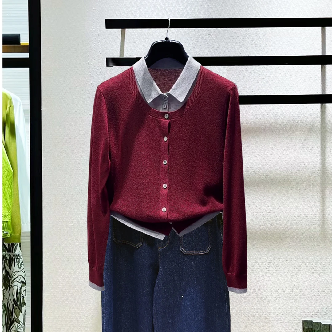 【商场同款】2025秋季新款女装撞色polo领羊毛针织衫假两件开衫