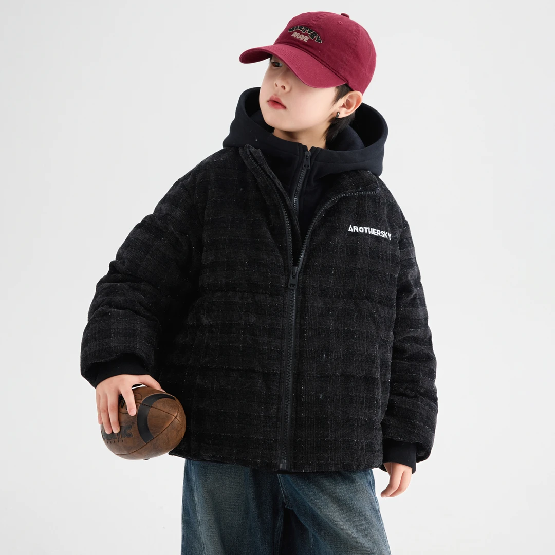 【90安心绒】男童冬季格子假两件面包羽绒服2025款加厚连帽外套6243