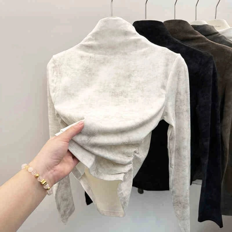 大码德绒扎染半高领长袖上衣女2025秋冬季新款宽松显瘦加绒打底衫