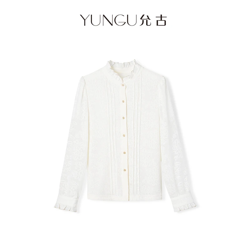 YUNGU允古 法式温柔甜美提花刺绣气质木耳边衬衫显瘦上衣25秋季女
