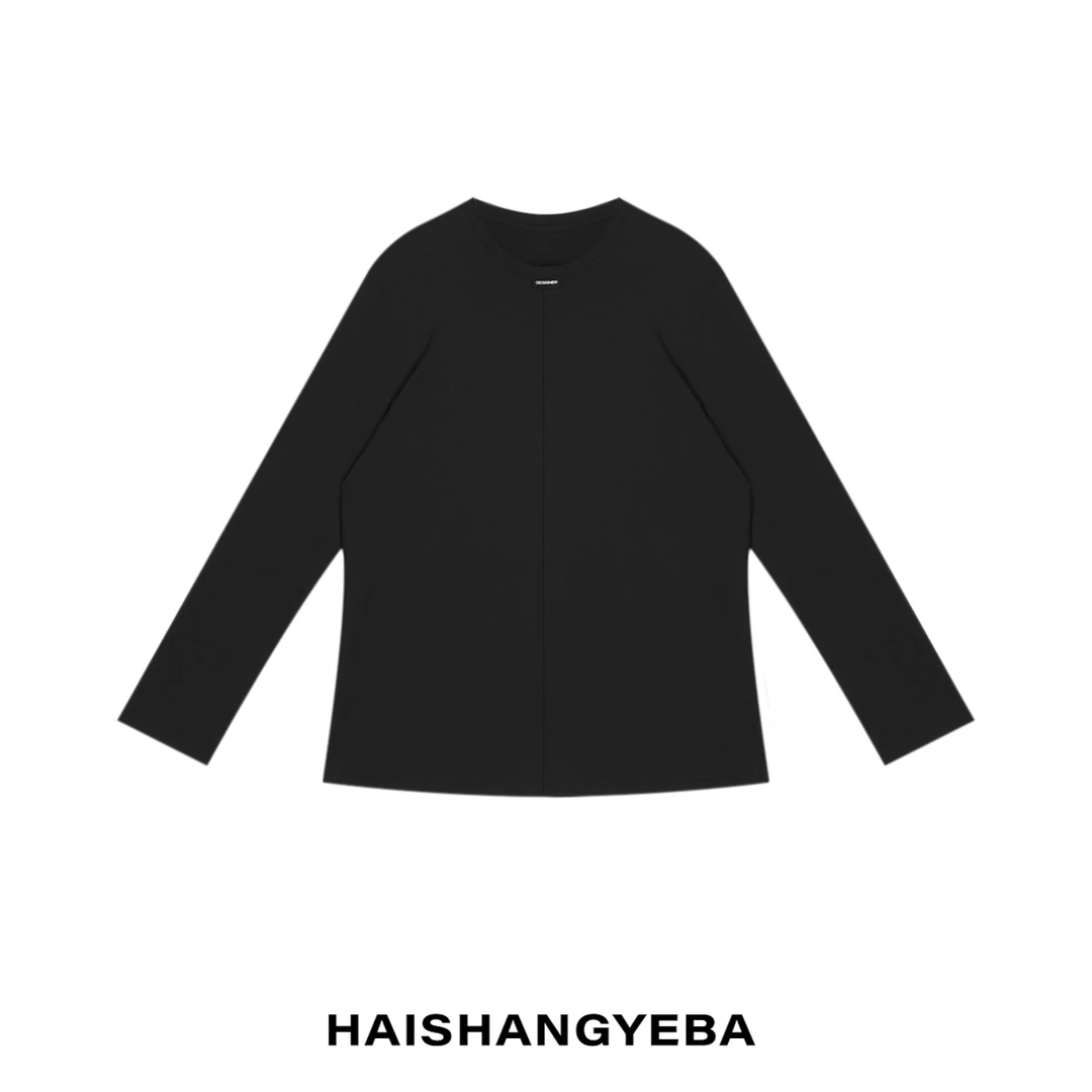 【海上叶爸】新款2024秋冬百搭棉圆领宽松领口字母简约羊毛长袖T恤