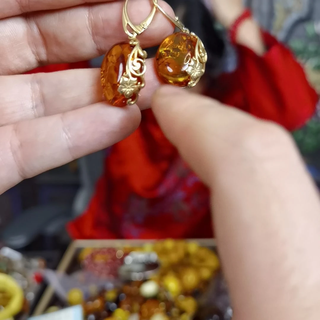 琥珀耳饰银S925镀金镶嵌多样性发货
