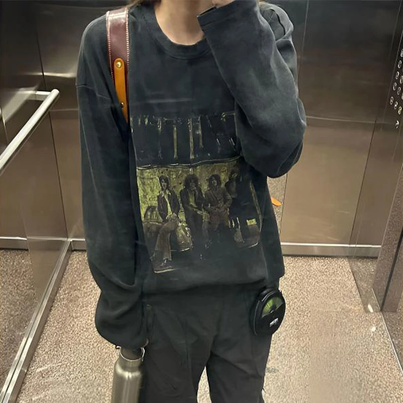 美式做旧印花齐柏林卫衣男款秋季水洗短宽长袖t恤boxy版型打底衫