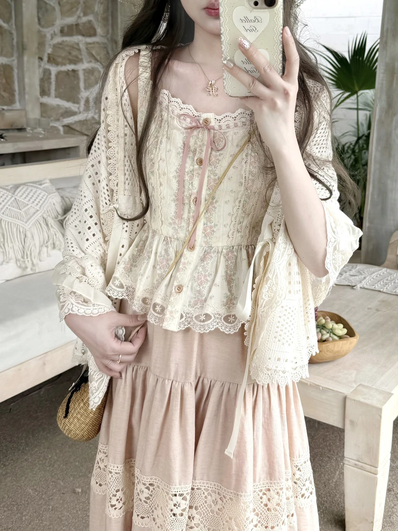 DOLL原创-沉溺花海-森系碎花度假蕾丝边吊带半身长裙显瘦设计感