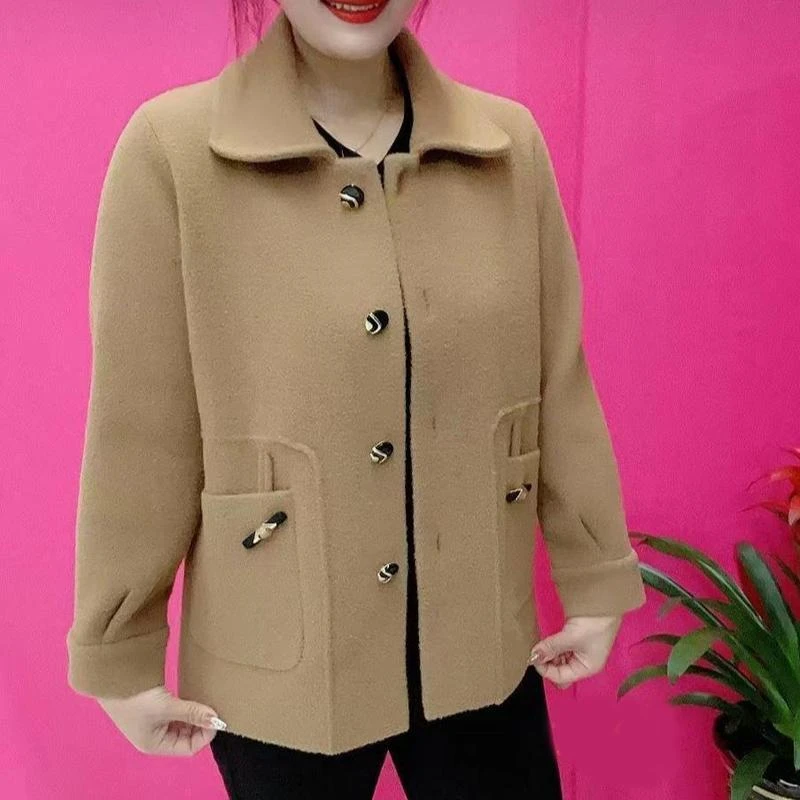 秋冬装爆款中老年外套仿双面毛呢翻领上衣纯色简约妈妈装短款外套