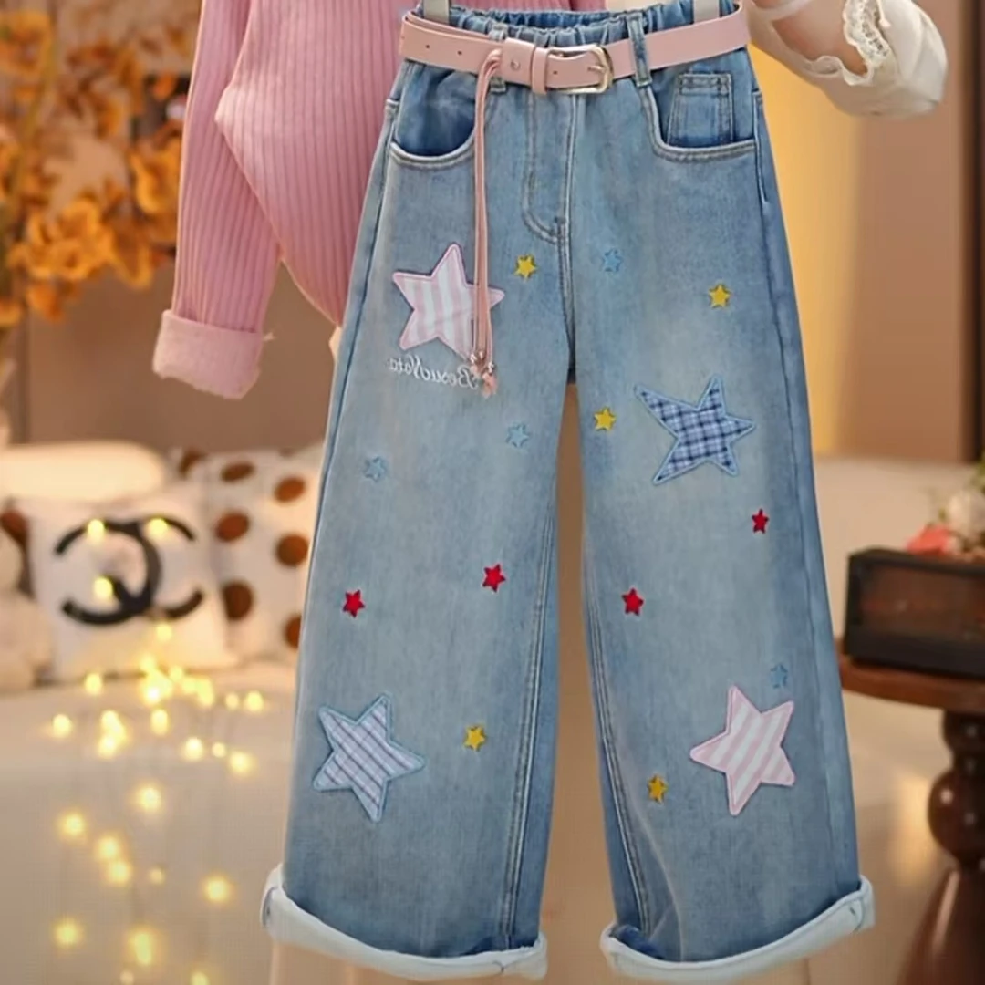 逗小铺【七尚YT】女童加厚加绒刺绣裤子洋气休闲百搭牛仔裤女宝m239