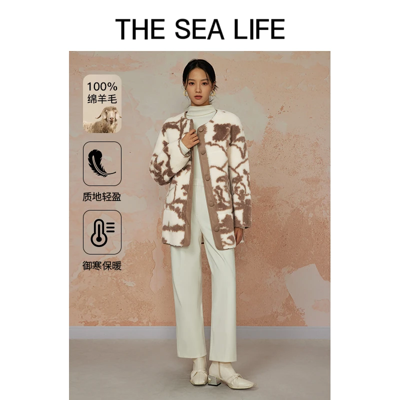 THESEALIFE100%绵羊毛外套冬圆领气质复古茶色毛呢短外套D13306