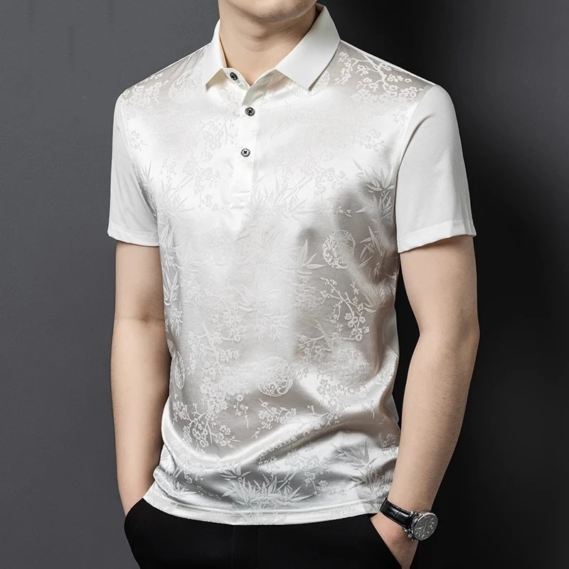 桑蚕丝短袖T恤高端商务休闲中年男士体恤夏季翻领polo衫真丝上衣