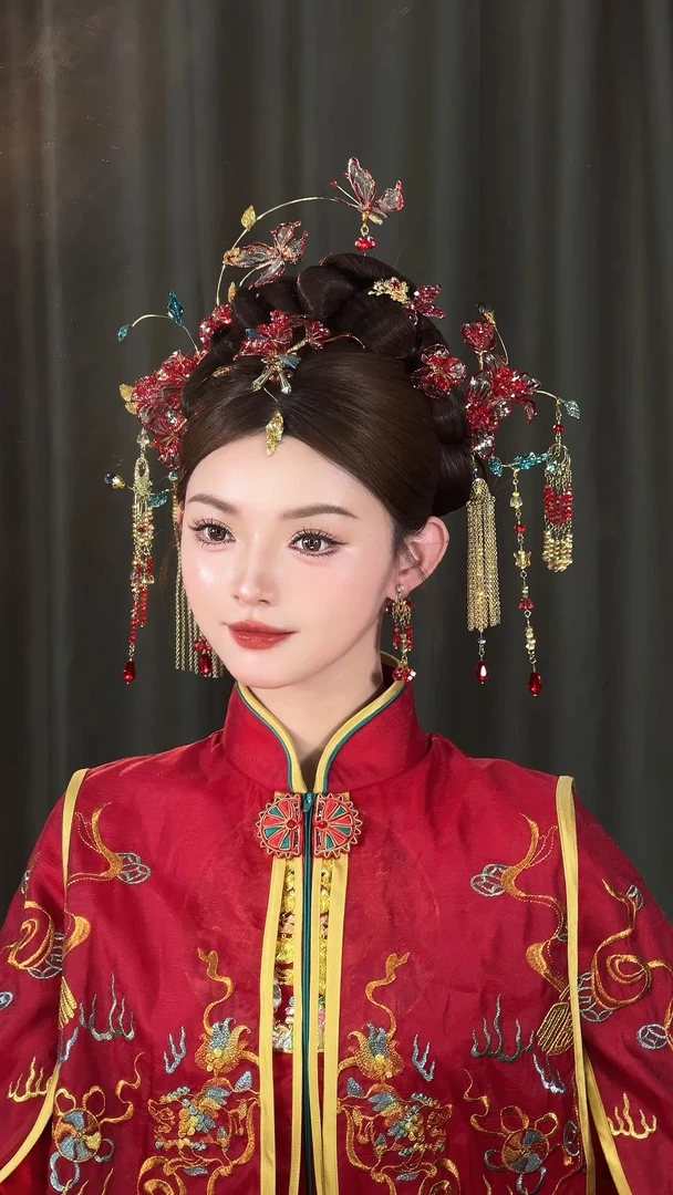 鹿鹿设计款《剪花影》新中式红金色系新娘头饰百搭091（透明盒装）