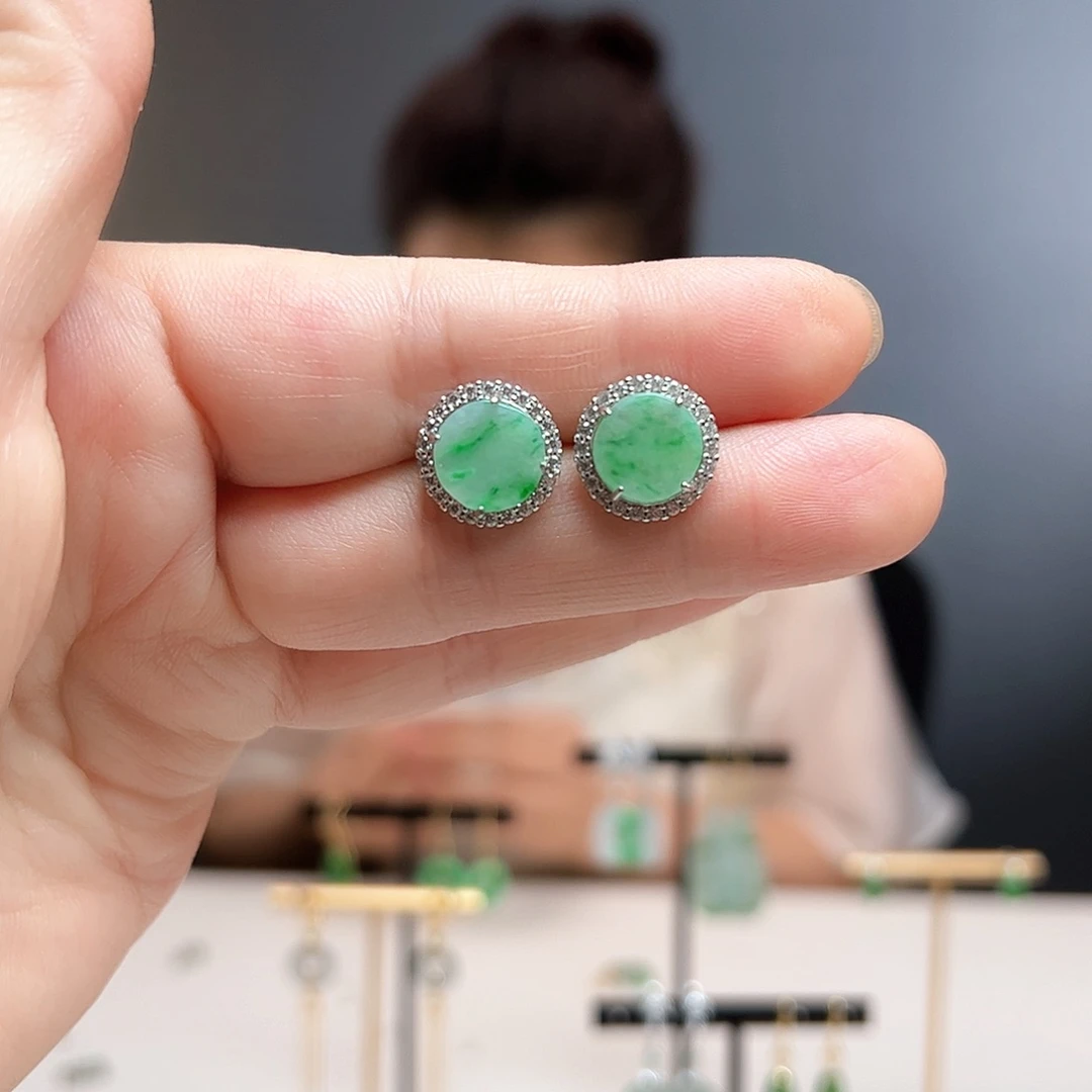 翡翠银S925镶嵌耳饰天然翡翠