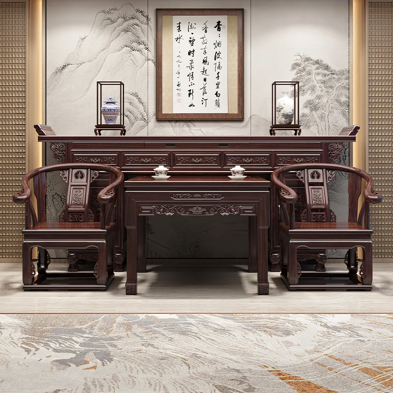 新中式乌金木中堂六件套实木条案供桌香案农村堂屋家用八仙桌神台