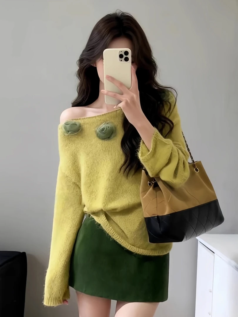 早秋温柔风穿搭软糯立体花朵露肩长袖针织衫毛衣女洋气高级感上衣