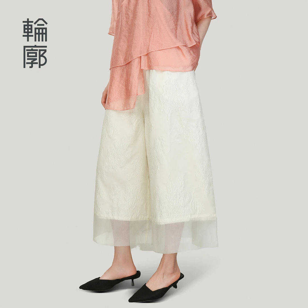 轮廓盈月新中式提花阔腿裤休闲裤九分百搭薄女士新款裤子L252K006