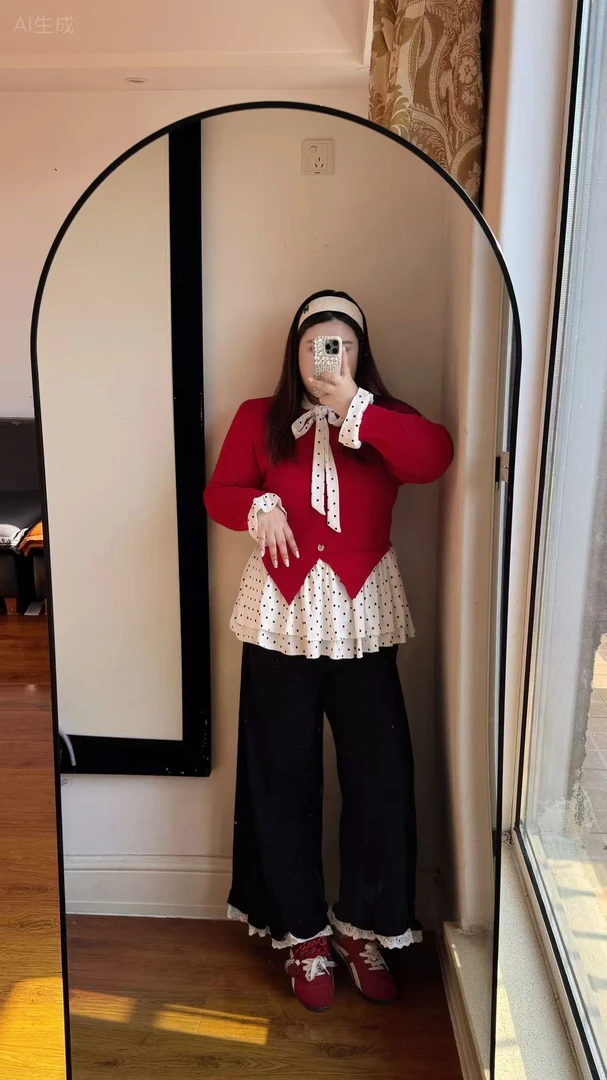 2025年波点拼接系带假两件设计女人衫+波点裙两件套6820