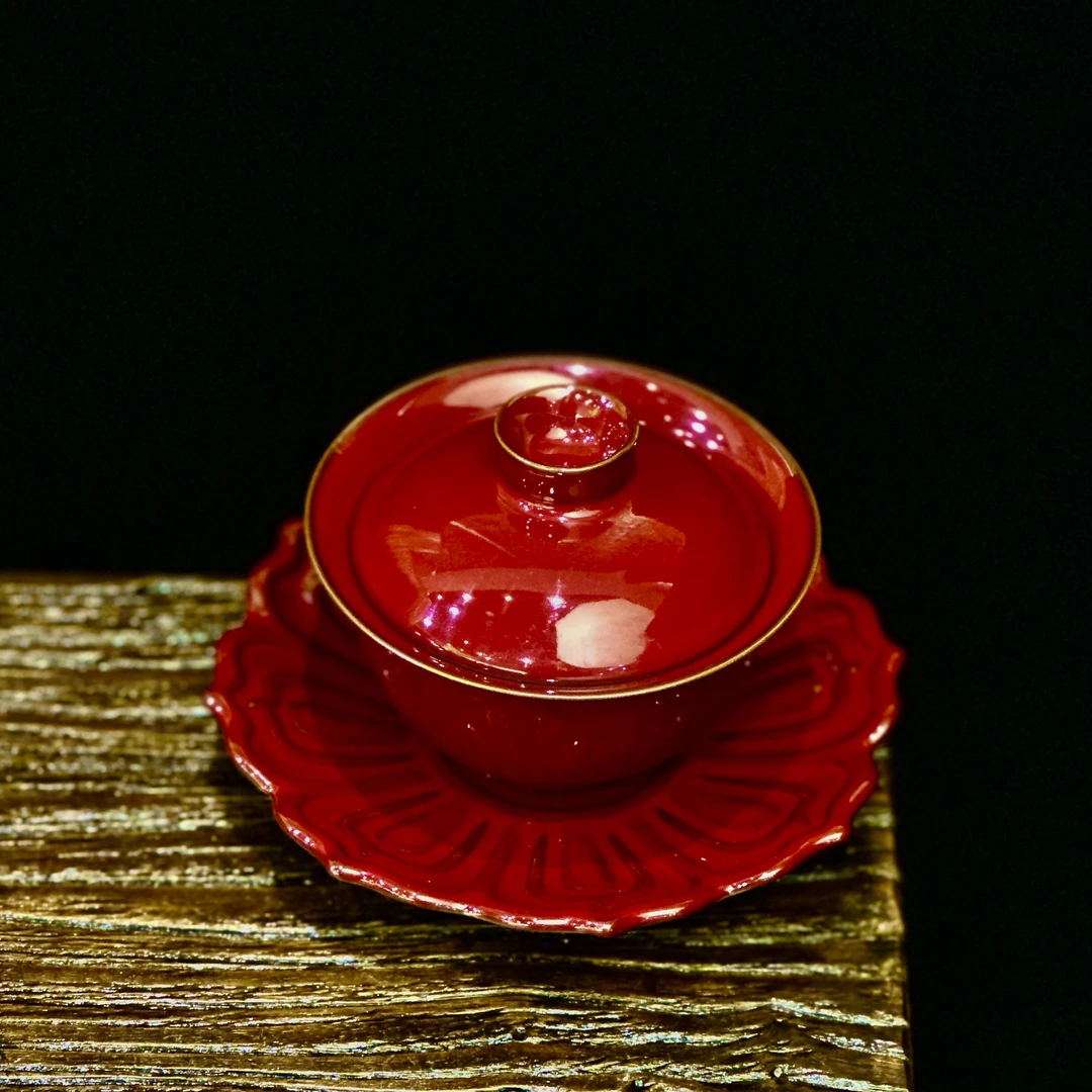 祥境堂 庄垂仁老师朗红故宫红花瓣莲花三才盖碗