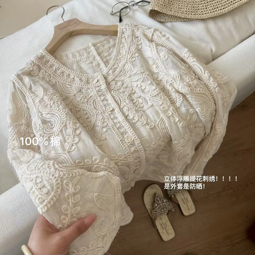 小文姐 W1292-夏季重工立体刺绣百搭气质宽松文艺衬衫上衣