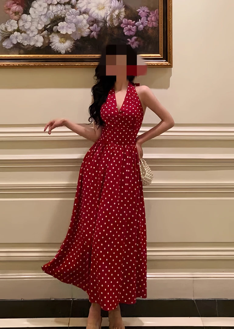港风挂脖波点连衣裙女2025新款复古气质无袖收腰显瘦长裙9160
