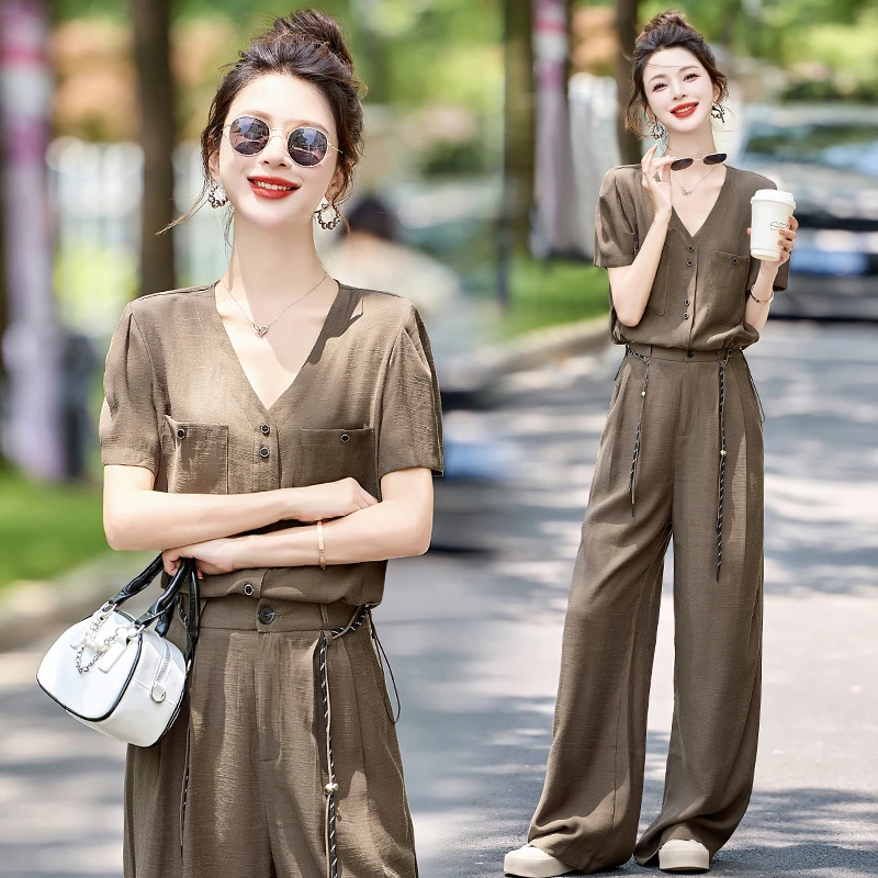 宽松休闲时尚套装女2025夏季爆款韩版洋气减龄气质阔腿裤两件套潮