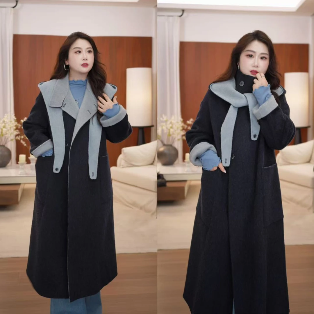 欣络集/欣姐【冬日曼哈顿】微胖双色连帽时尚宽松羊毛大衣XLJ1118