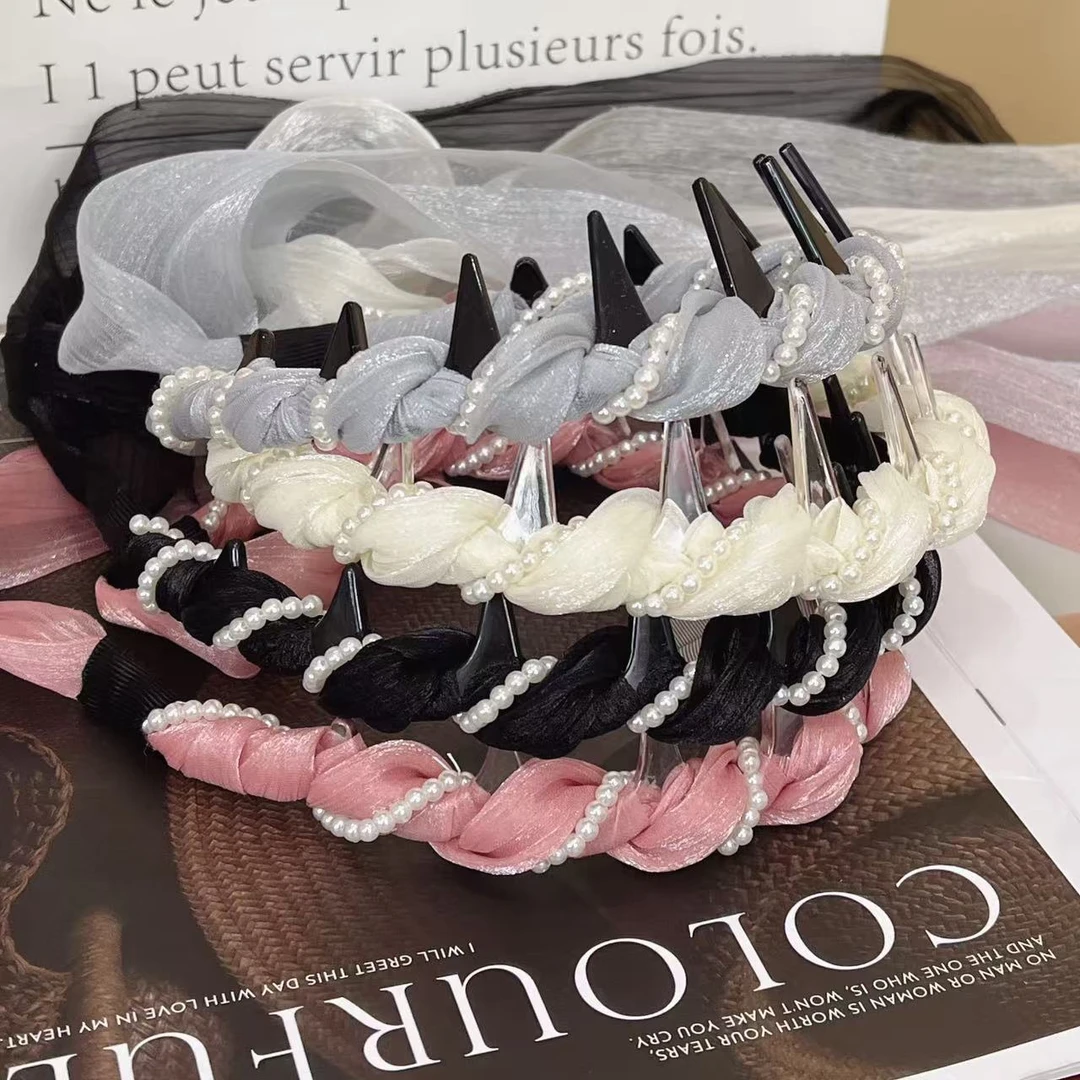 珍珠网纱绕布～新款高颅顶珍珠网纱绕布飘带发箍甜妹氛围