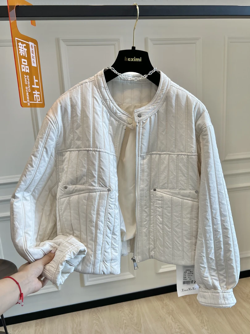 高端欧货秋季新款高级感竖条纹时尚宽松夹薄棉圆领拉链棉服外套女