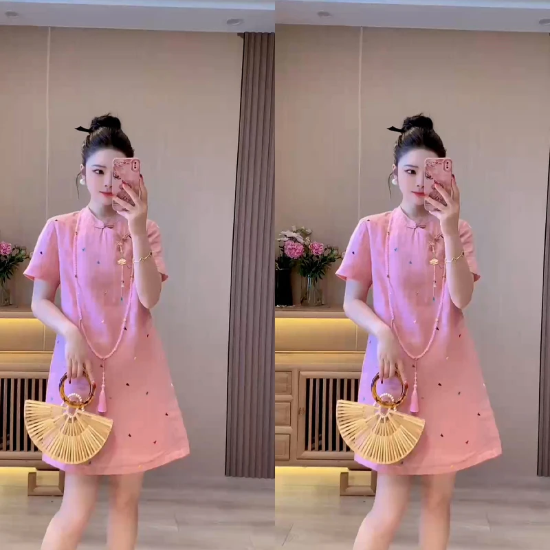 2025夏季新款洋气重工桃心刺绣显瘦宽松女装时髦气质中长连衣裙子