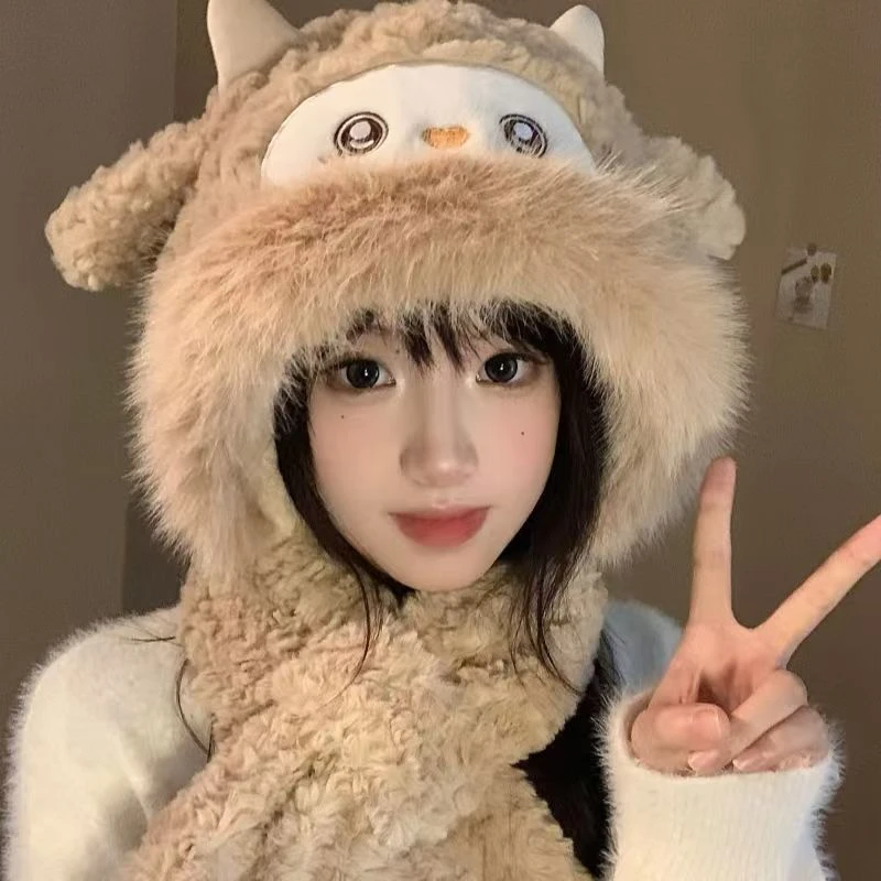 喜洋洋冬季保暖帽子冬季休闲风围巾卡通围巾帽加绒加厚帽子