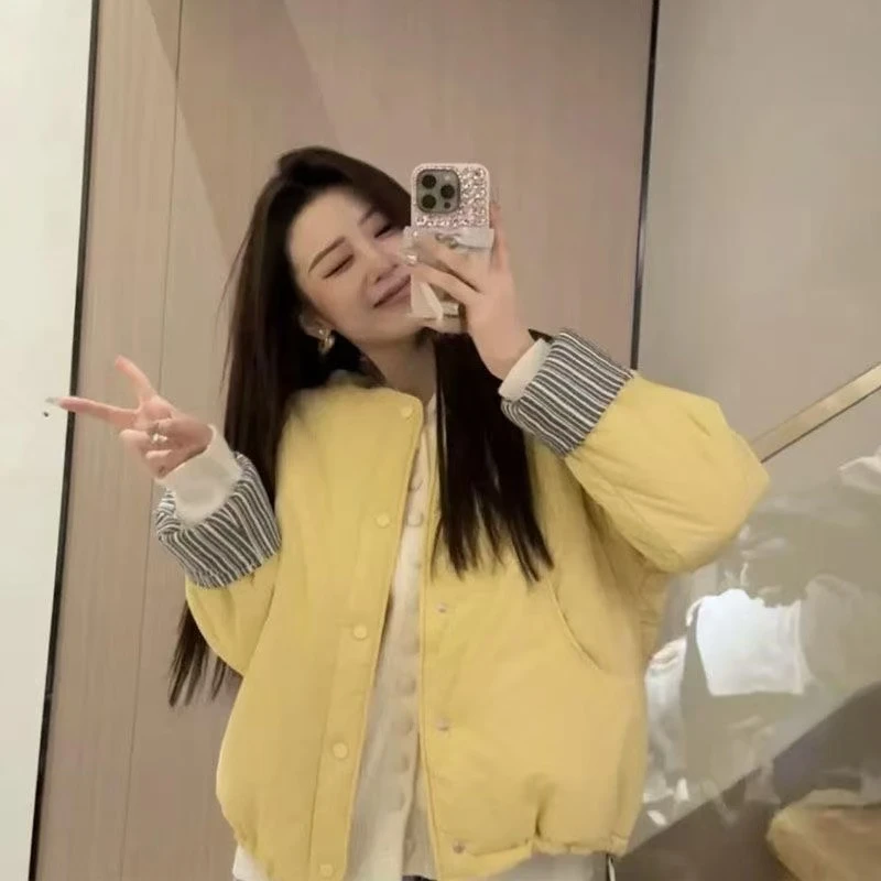 洋气小个子加绒棉服女冬季2024新款韩系撞色休闲宽松百搭棉衣外套