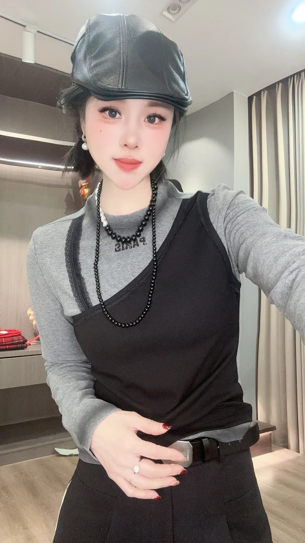 【YUANJIE】欧货女装早春新品圆领假两件字母印花修身长袖T恤