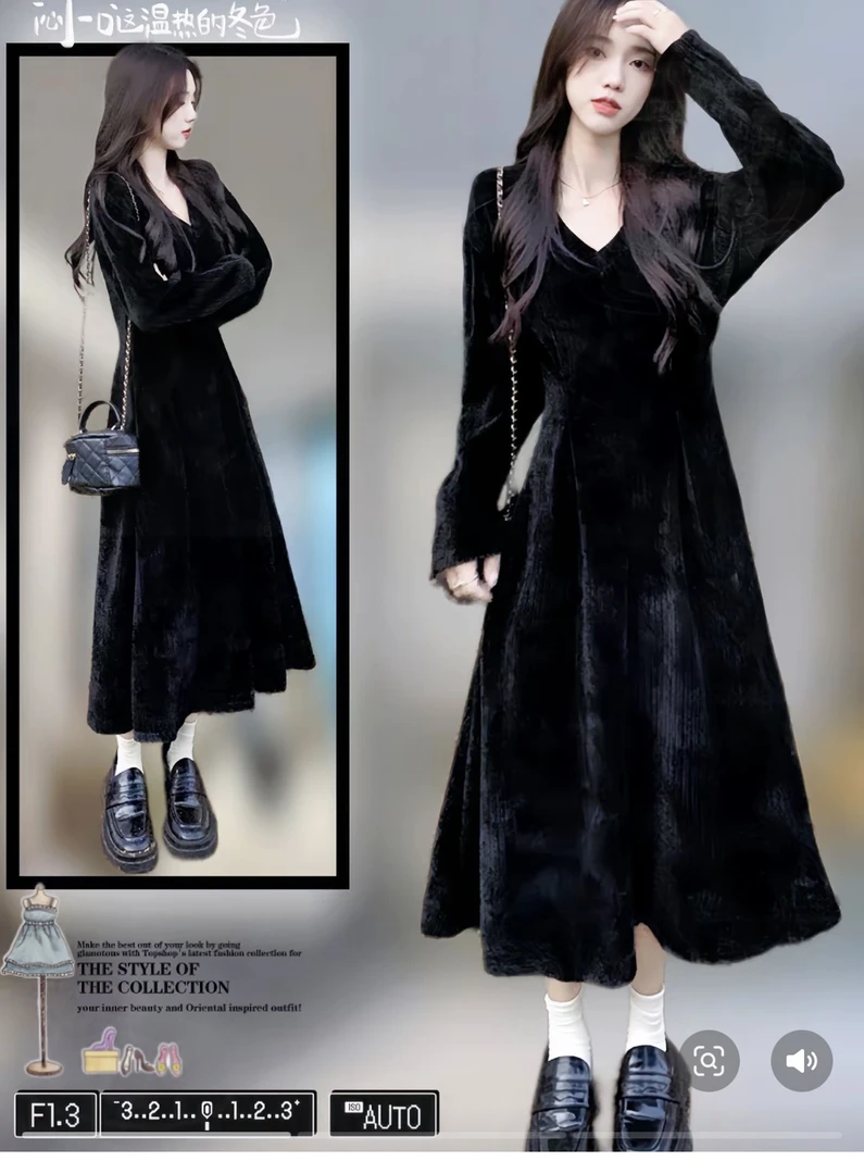 轻奢气质收腰长袖金丝绒中长款黑色连衣裙