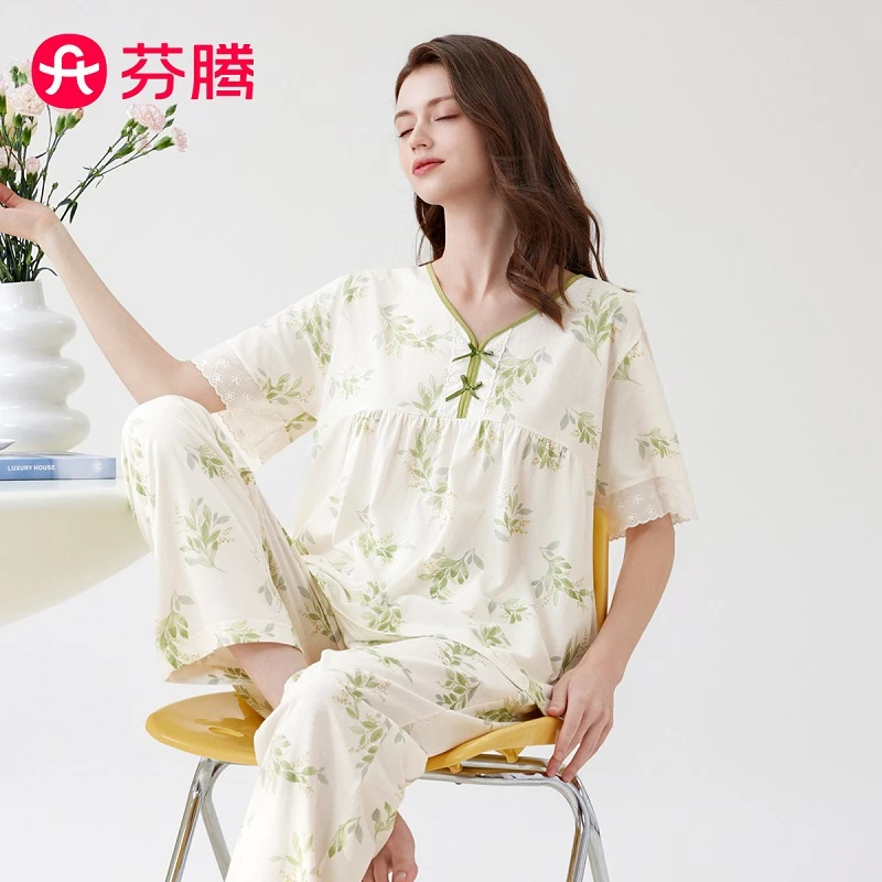 芬腾纯棉睡衣女夏季田园印花短袖家居服套装FJ26920594