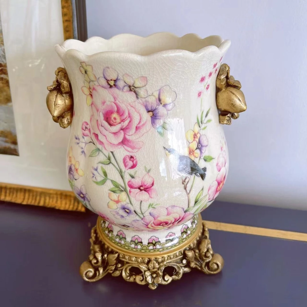 陶瓷插仿真花冰裂纹花瓶工艺品装饰摆件