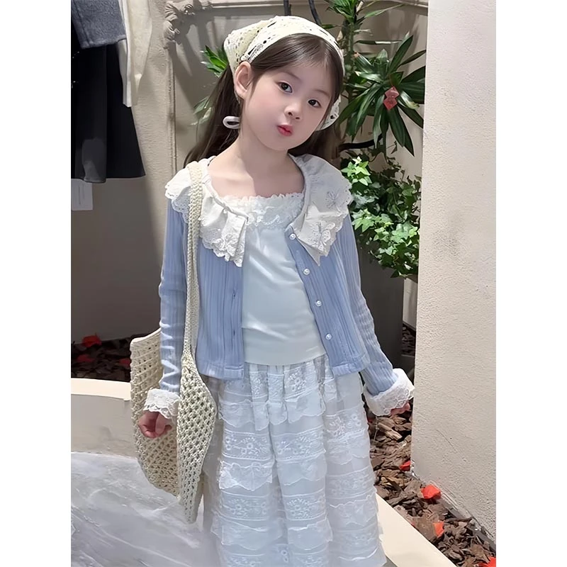 韩版童装女童开衫外套甜美针织春款百搭针织衫女孩娃娃领上衣半裙
