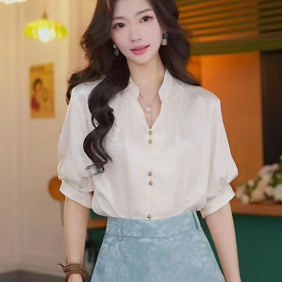 【662】丝光压皱短袖衬衫女2025新款宽松休闲立领气质上衣