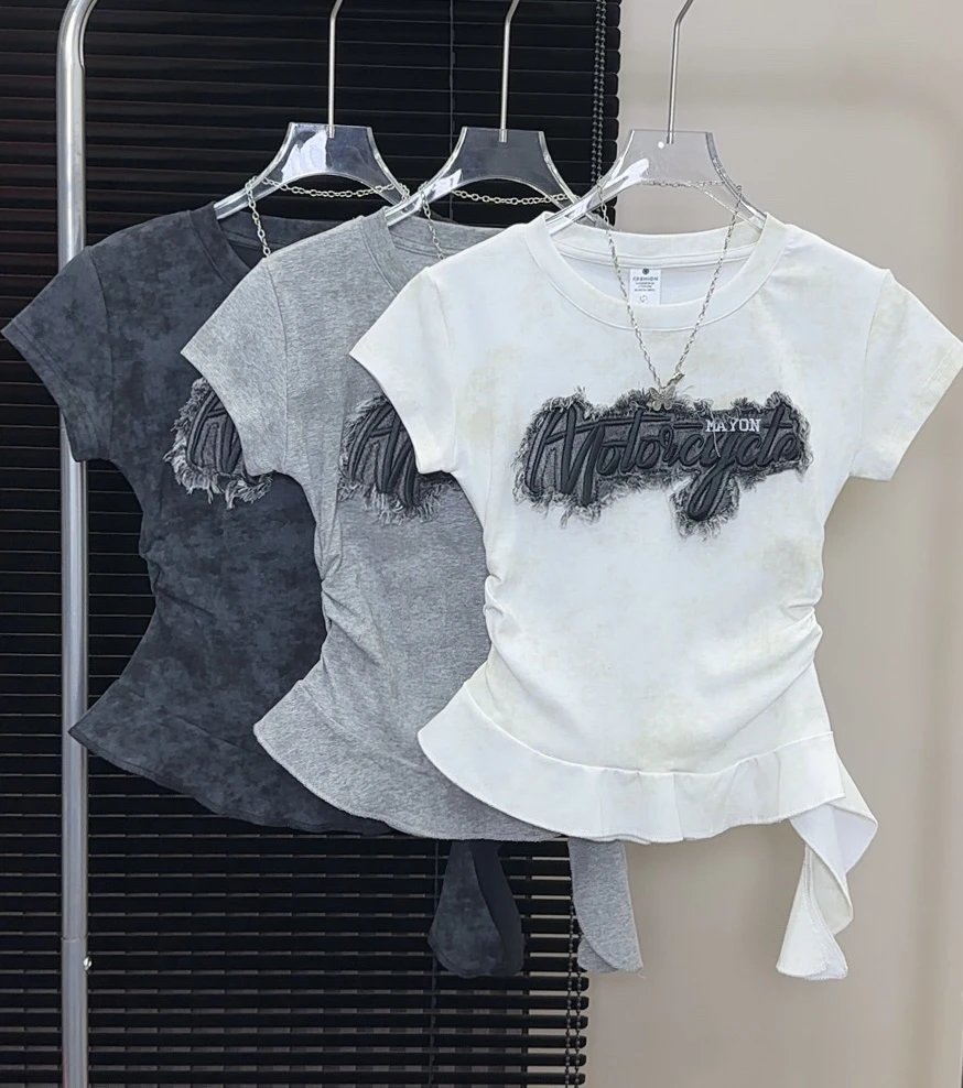 美式复古字母t恤刺绣短袖褶皱圆领有弹力晕染百搭上衣夏季新款