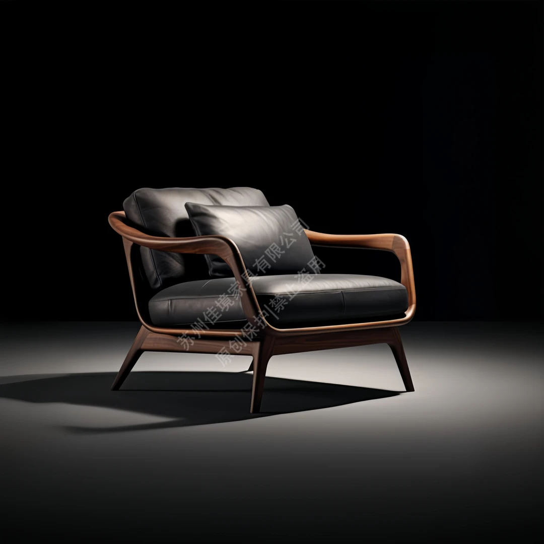 轻奢北美黑胡桃木真皮休闲沙发椅家用实木单人休闲椅高端家具