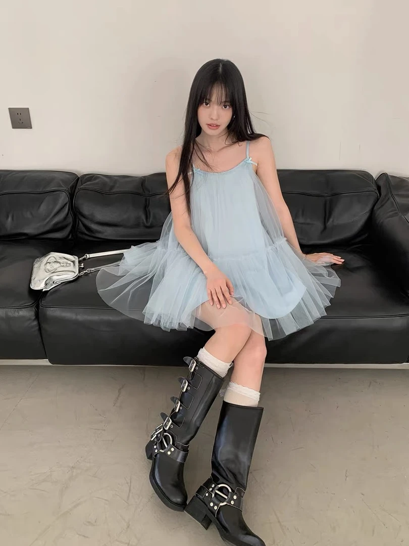 "海盐汽水"蓝色单层网纱层次感吊带连衣裙轻奢高级感裙子气质公主