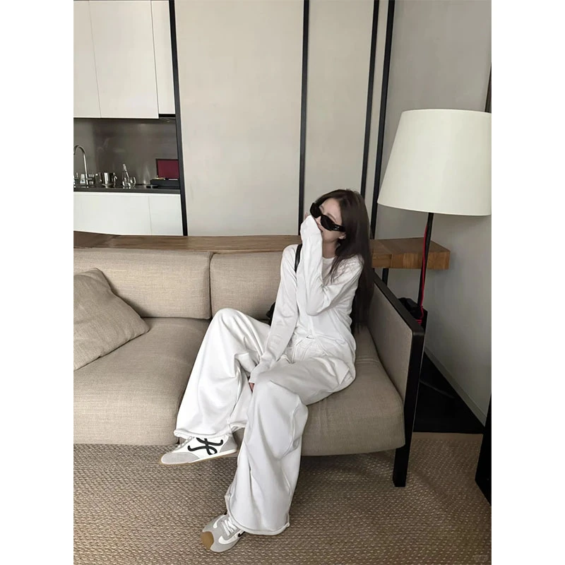 极简松弛感套装休闲时尚打底衫洋气小众长袖开衫上衣高腰阔腿裤女