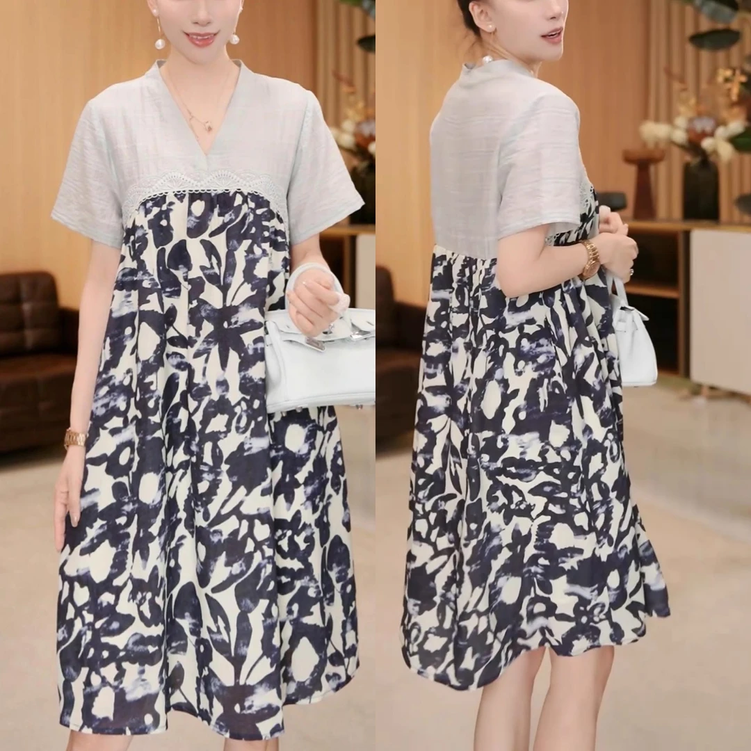 宽松显瘦时尚气质连衣裙夏新季大码蕾丝印花拼接减龄收腰中长裙女